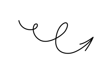 Spiral hand drawn arrow. Curly line doodle black arrow. Funny design infographic element. Spiral spring pointer. Vector illustration isolated on white background.