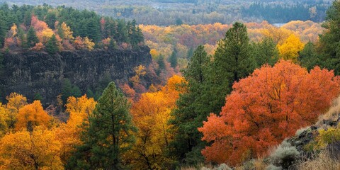 Vibrant trees display stunning autumn colors in an expansive wooded area, providing a breathtaking view of the gorge, where the beauty of trees captivates nature enthusiasts.