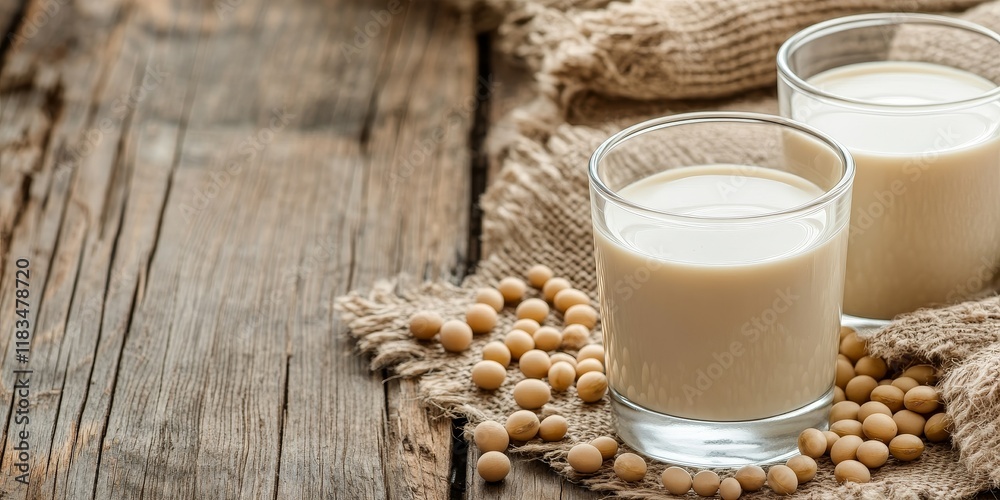 Poster Soybeans and soy milk displayed beautifully on a wood grain table, showcasing the versatility of soybeans and their use in creating nutritious soy milk. Perfect for healthy lifestyle concepts.