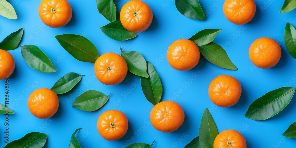 Poster clementines with vibrant leaves displayed on a blue background create a stunning flat lay. this top 