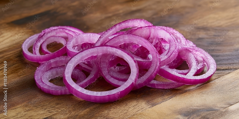 Poster Sliced red onion rings showcase the vibrant color and texture of fresh onions. These sliced red onion rings are perfect for adding a flavorful, zesty touch to various dishes and salads.