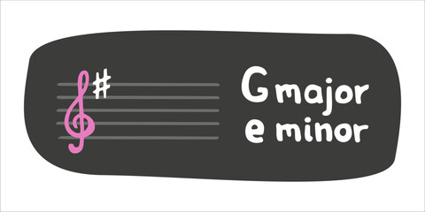 Educational card with key of G major and e minor tonality. Vector flat hand drawn music theory illustration in cartoon style