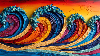 Colorful layered waves forming an abstract relief design, filled with vibrant hues such as crimson, turquoise, emerald, and amber, creating a harmonious yet striking interplay of textures and forms.