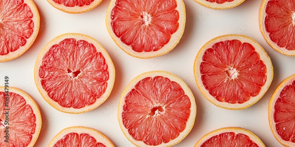 Aufkleber Top view of vibrant red grapefruit slices arranged beautifully, showcasing the fresh and juicy qualities of red grapefruit. This image highlights the rich color and texture of red grapefruit slices.