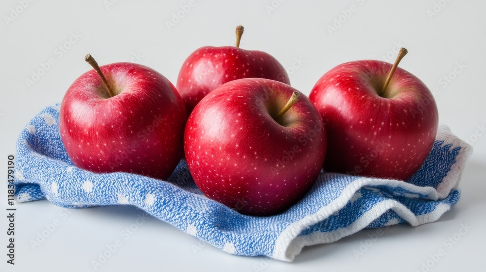 Poster five vibrant red apples arranged on a blue and white towel, set against a clean white background, cr