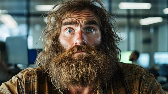 Man uneducated with long beard and intense expression engages in deep thought in modern office setting amidst work environment