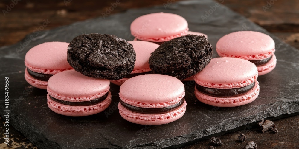 Poster delightful pink macaroons paired with rich black cookies create a visually appealing dessert arrange