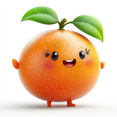 Happy Grapefruit Character With Green Leaves on White