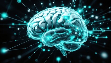 Glowing digital brain with neural network connections and vibrant blue lights