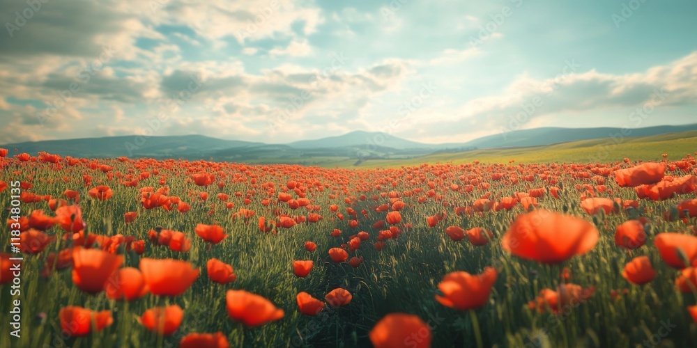 Poster Stunning summer poppy field landscape featuring cross processed retro effects, enhanced by differential focus techniques that create a captivating shallow depth of field in the image.