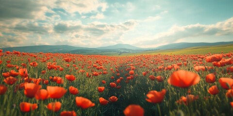 Stunning summer poppy field landscape featuring cross processed retro effects, enhanced by differential focus techniques that create a captivating shallow depth of field in the image.