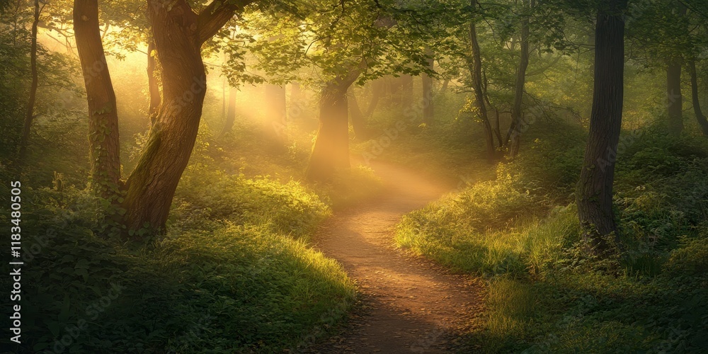 Poster serene forest path illuminated by sun rays at sunrise, enveloped in a gentle fog. this enchanting fo