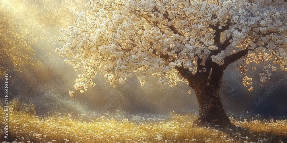Poster blossoming tree adorned with white flowers beautifully illuminated by sunlight, showcasing the elega