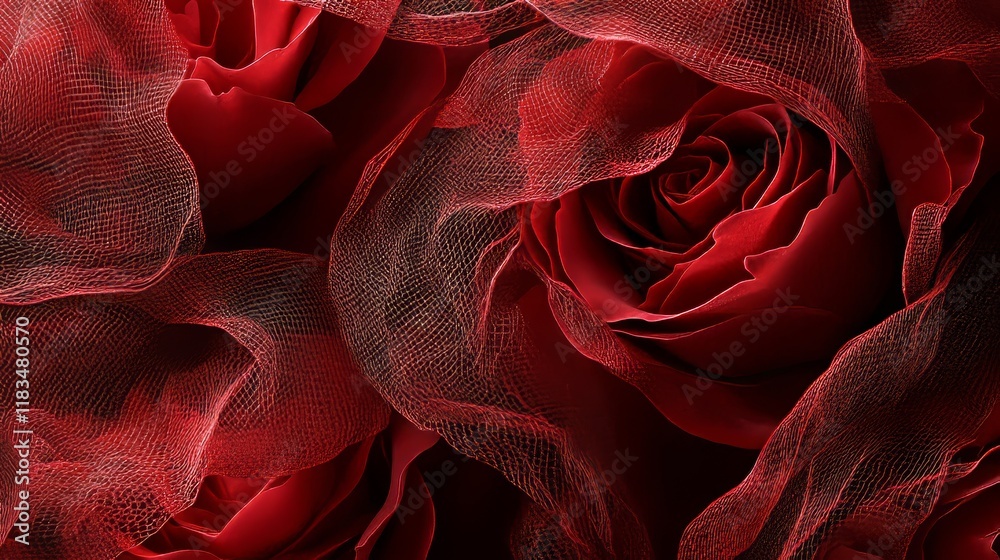 Poster Red roses featuring a captivating mesh texture create a stunning visual. The intricate mesh texture adds depth and elegance to the classic beauty of red roses, enhancing their allure.