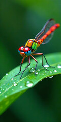Fototapeta premium Colorful Dragonfly Illustration on a Dew-Covered Leaf new image