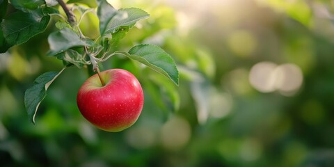 Red apple suspended from a tree in an orchard, showcasing its vibrant hue against a softly blurred background. The red apple stands out amidst the greenery of the orchard.
