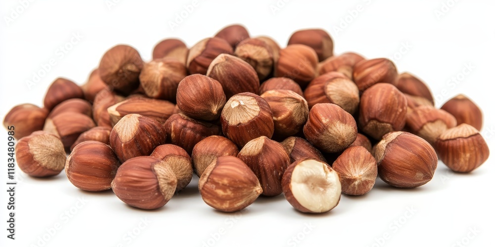 Poster close up of hazelnuts isolated on a white background, showcasing the rich texture and color of hazel