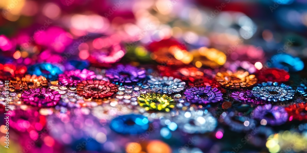 Poster Close up macro of sequins showcasing an abstract background with colorful sequins shimmering on the fabric, highlighting the vibrant beauty of sequins in various hues and textures.