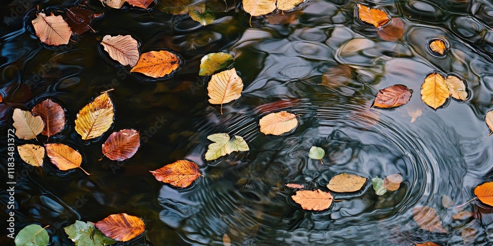 Poster leaves on water create a serene scene as the water surface is adorned with foliage, offering a capti
