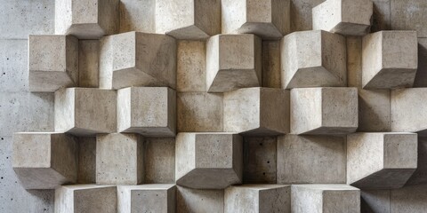 A wall made of concrete features a traditional 3D cube design that creates a unique relief effect, showcasing depth and texture in its appearance.
