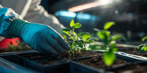Close up of a scientist carefully planting seedlings in a controlled environment, showcasing the innovative process of growing plants on a Mars base for future exploration and research.