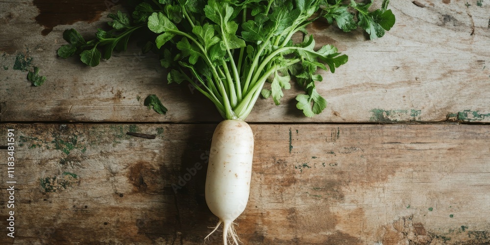 Poster top view of a white radish displayed on a wooden surface, showcasing the fresh and vibrant character