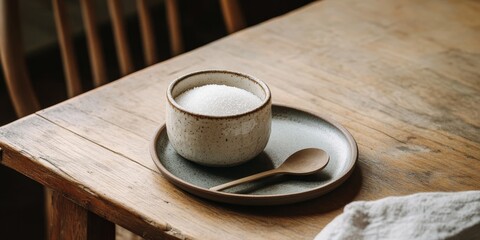 A ceramic container for sugar, accompanied by a small plate and a spoon, is placed on a wooden tabletop. The sugar container, plate, and spoon are all together on the table.