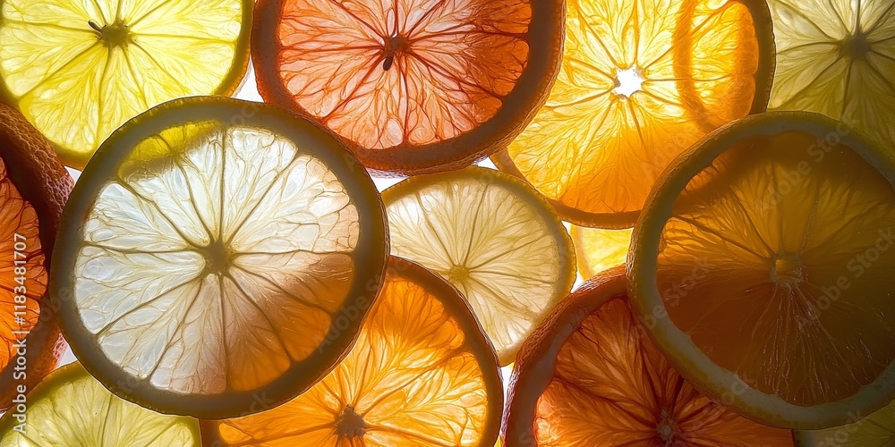 Poster Backlit citrus slices create a vibrant display of colors, emphasizing the beauty of citrus slices and their refreshing appeal in photography. These citrus slices bring energy to any composition.