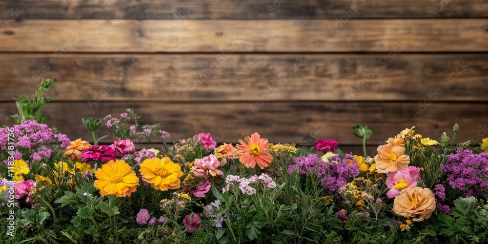 Leinwandbilder rustic wooden background adorned with vibrant flowers, creating a charming rustic scene. the empty w