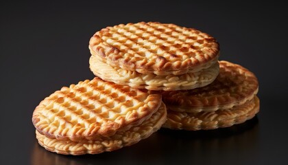 Three golden brown cookies with cream filling, stacked on a black background.
