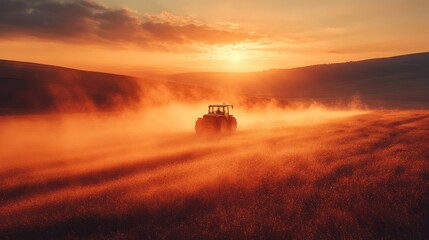 Tractor in dusty field at sunset.