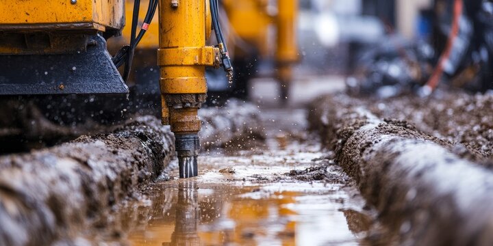 Closeup of horizontal directional drilling technology showcasing the drilling machine in action. Horizontal directional drilling technology facilitates trenchless installation of pipes and water
