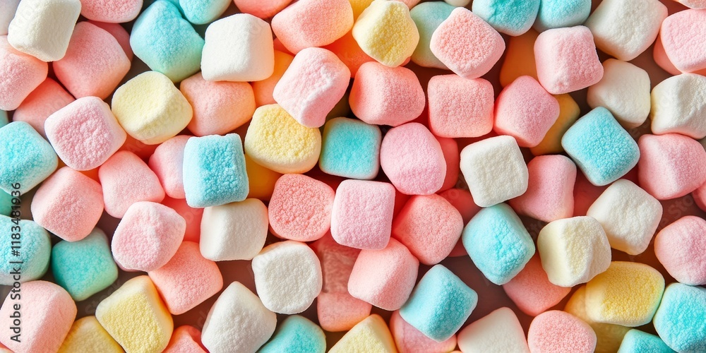 Poster Colorful mini marshmallows create a vibrant background and delightful texture, perfect for adding a fun and whimsical touch to various design projects involving colorful mini marshmallows.