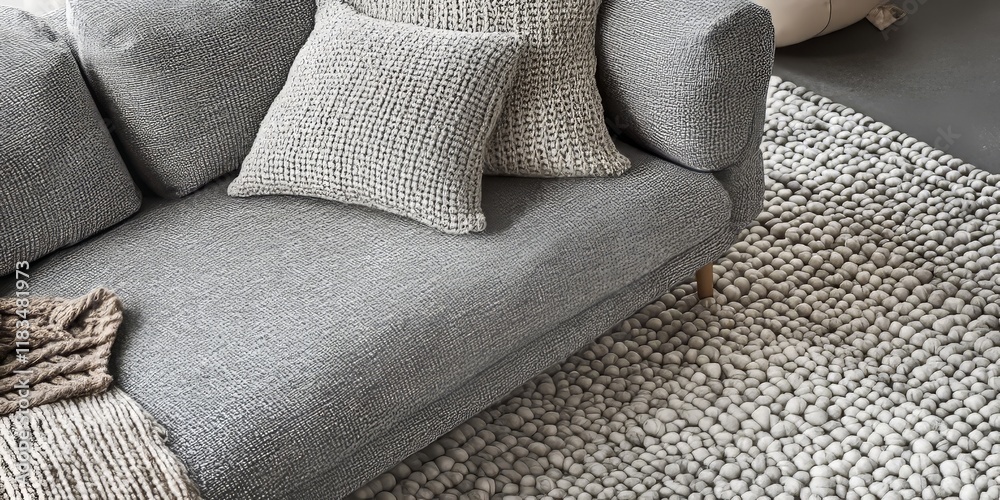 Poster stylish gray textile sofa featuring a cushion, beautifully positioned on a cozy knitted rug, creatin