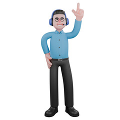 A male radio announcer stands with one hand on the waist, and the other hand pointing up