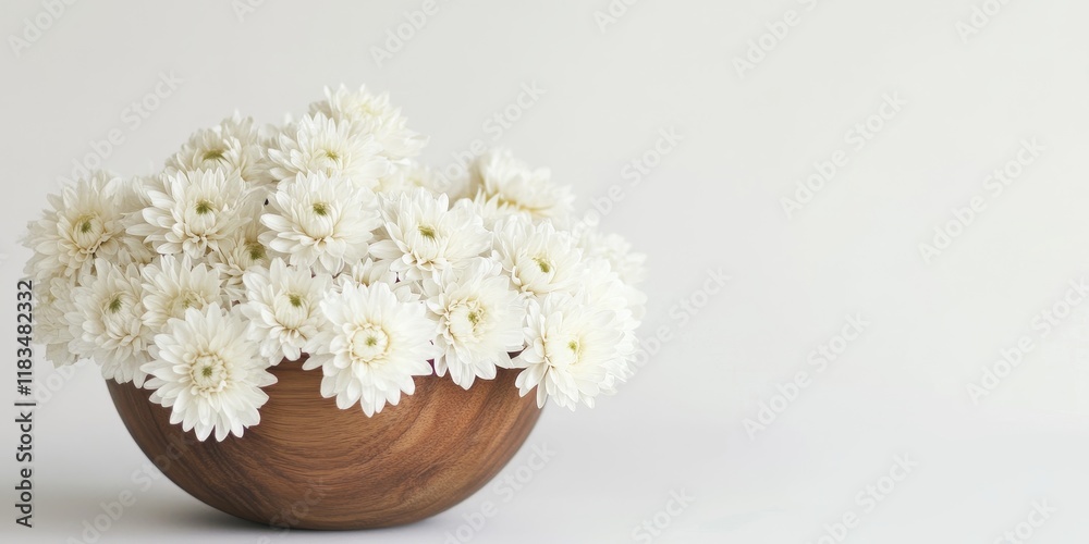 Poster in a white background featuring ample blank space, you can find dried white chrysanthemums arranged 