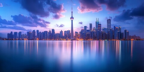 Fototapeta premium Stunning skyline view captured from a yacht club, showcasing the breathtaking skyline in a vibrant setting. The yacht club provides an ideal vantage point to appreciate the skyline s beauty.