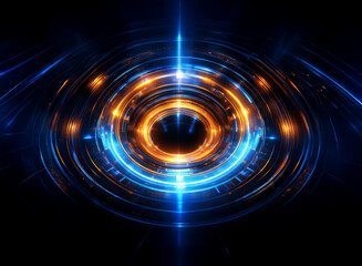 Obraz premium Abstract digital art depicting a glowing, concentric circular energy field. Blue and orange lights pulse within dark metallic rings, creating a futuristic, technological aesthetic.