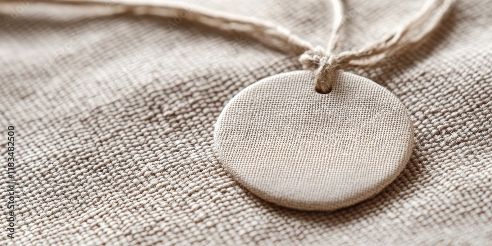 Aufkleber Closeup of a circular tag with space for text on beige fabric, showcasing an elegant design. This circle shaped tag provides a versatile option for text display on fabric.
