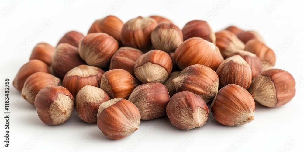 Poster close up of hazelnuts isolated on a white background, showcasing the rich texture and color of hazel