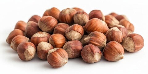 Close up of hazelnuts isolated on a white background, showcasing the rich texture and color of hazelnuts in detail, perfect for highlighting the beauty of hazelnuts in your projects.