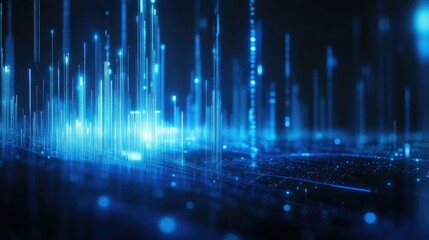 Glowing blue candlestick chart with data points and futuristic lines, on a dark background. Symbolizing financial markets and analytics.