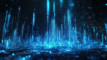 Glowing blue candlestick chart with data points and futuristic lines, on a dark background. Symbolizing financial markets and analytics.