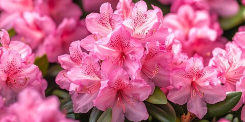 Fototapeta premium A closeup view of vibrant blooming pink Rhododendron flowers, showcasing the beauty of Rhododendron blooms in a serene park setting, perfect for nature lovers and floral enthusiasts.