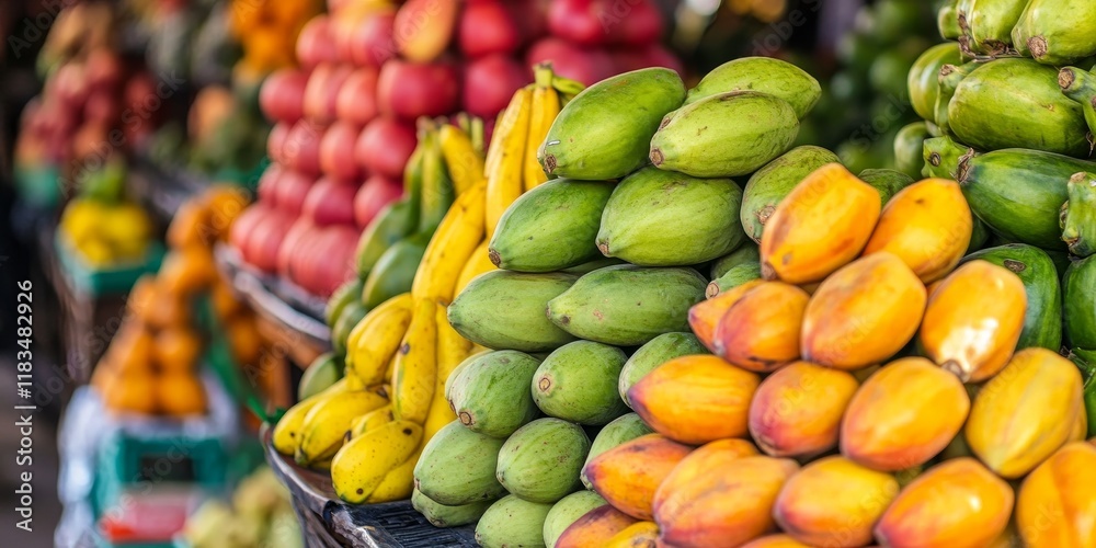 Poster Close up of a vibrant stack of papayas displayed on a market stall, showcasing the fresh and colorful papayas that are perfect for enjoying or adding to various dishes.