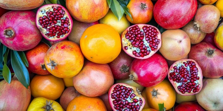 Tropical Fruit Showcase, Bright and Vibrant Colors, Freshly Cut Pomegranates, Prepped for Juicing or Available for Purchase.