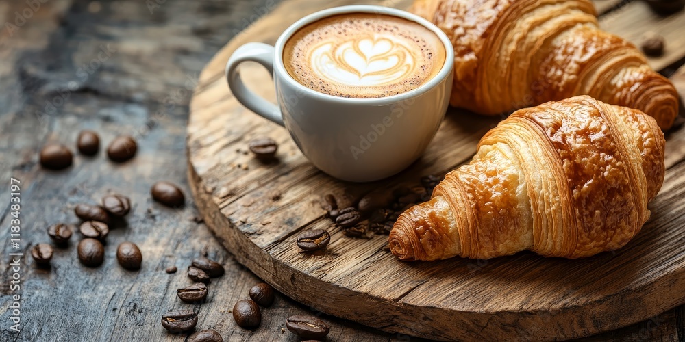 Aufkleber cozy coffee and croissant arrangement on a rustic wooden table, capturing the delightful essence of 
