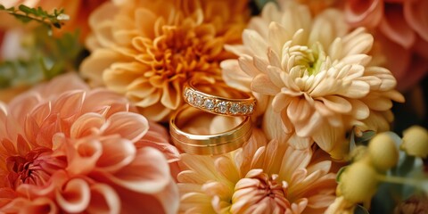 Gold wedding rings elegantly displayed on a beautiful bouquet of flowers for the bride, symbolizing love and commitment. The gold wedding rings enhance the floral arrangement for a perfect bridal