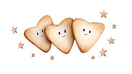 Fototapeta premium Three heart-shaped cookies with smiling faces, surrounded by tiny stars, perfect for a cheerful treat.