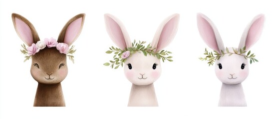 Three adorable rabbits adorned with floral crowns, perfect for spring-themed designs and illustrations.